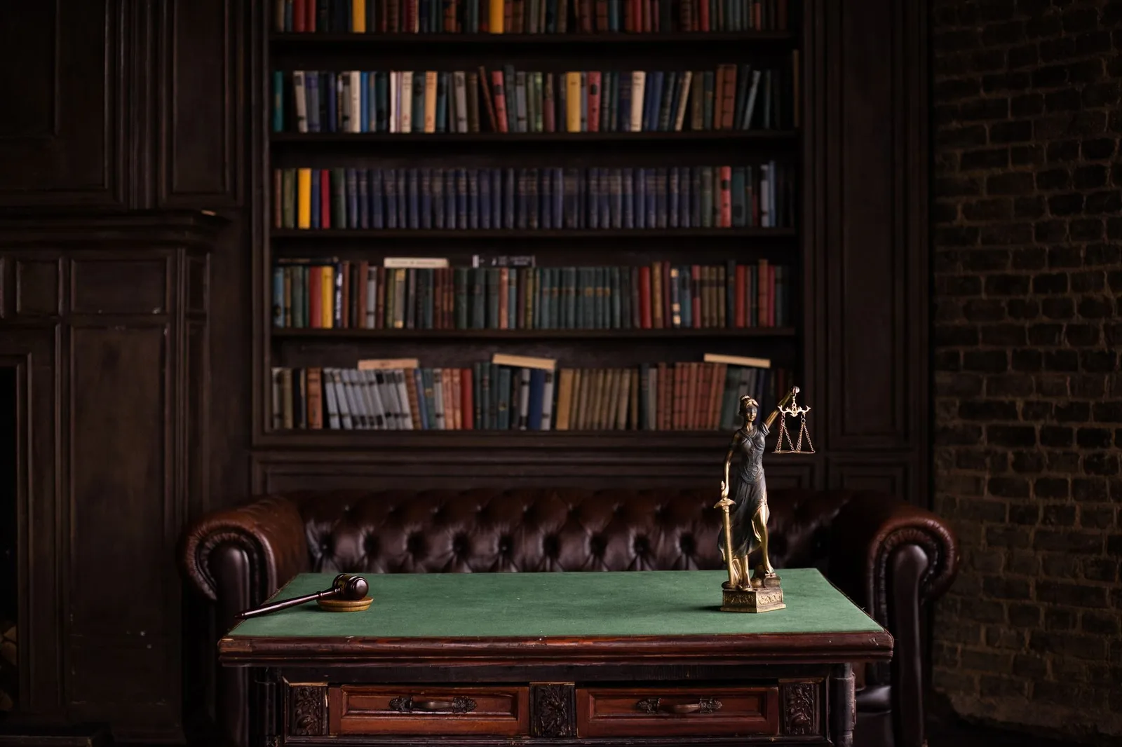 Law library reading room with a gavel and Lady Justice figurine on the desk