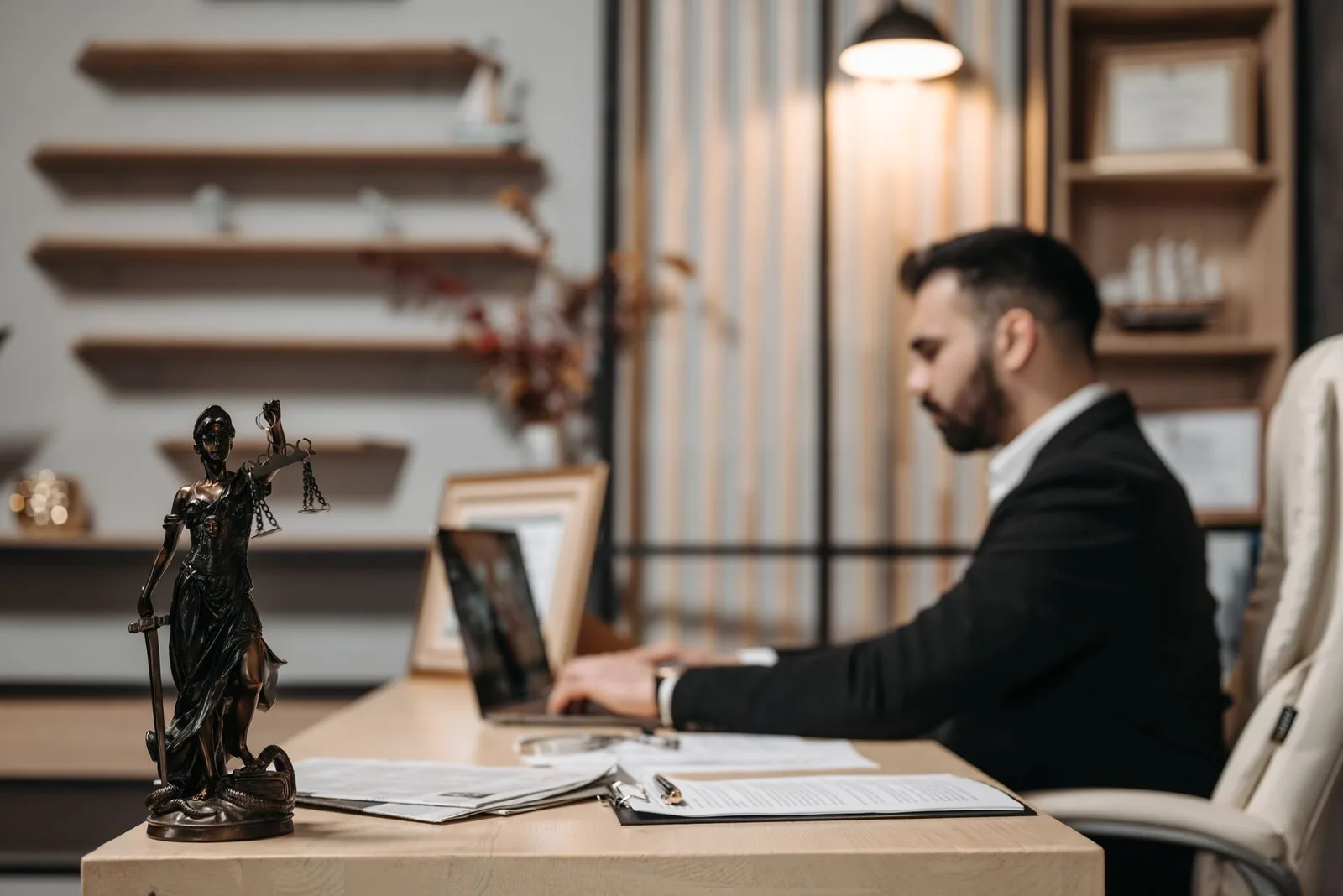 Attorney working on a laptop with a figure of Lady Justice beside the screen
